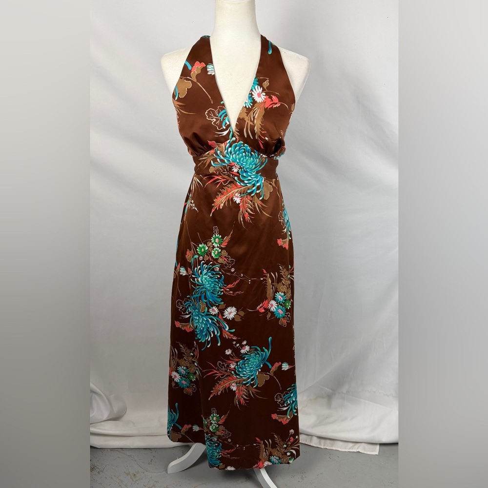 VTG Pomare Hawaii Satin Floral Halter Maxi Dress Brown Turquoise